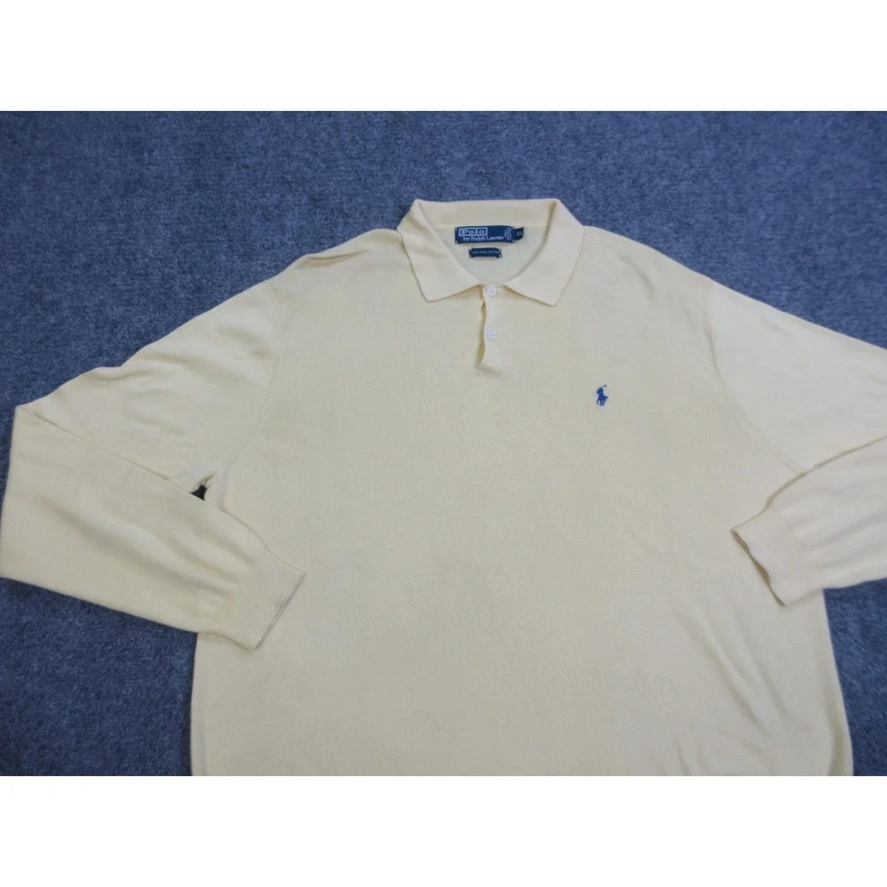 VTG Polo Ralph Lauren Sweater Mens XL Yellow Pima Cotton Knit Long Sleeve Collar